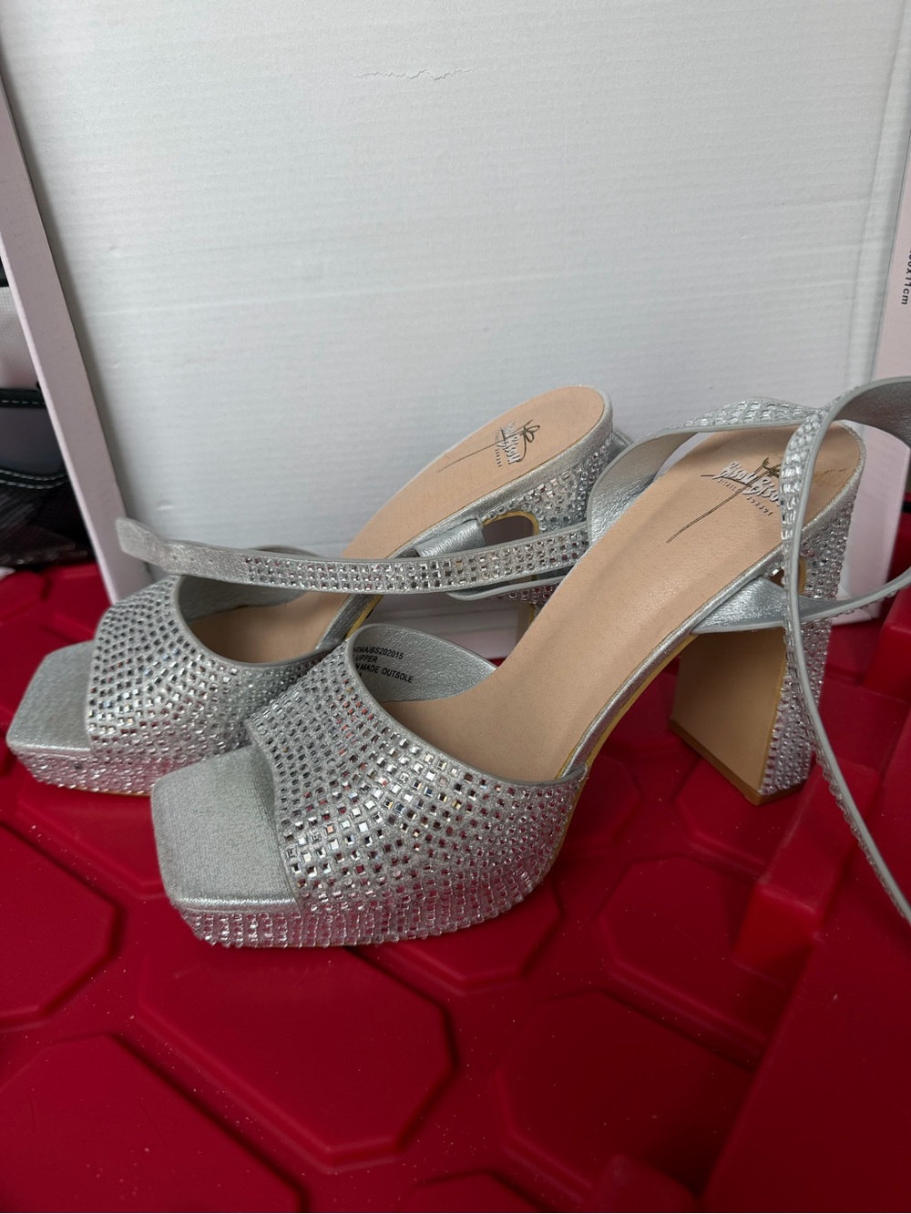 Silver Rhinestone Platform Block Heel Sandals - Women
